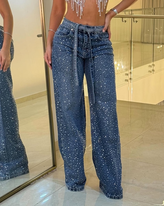 Diamond-Studded Straight-Leg Jeans (Pre-Sale)