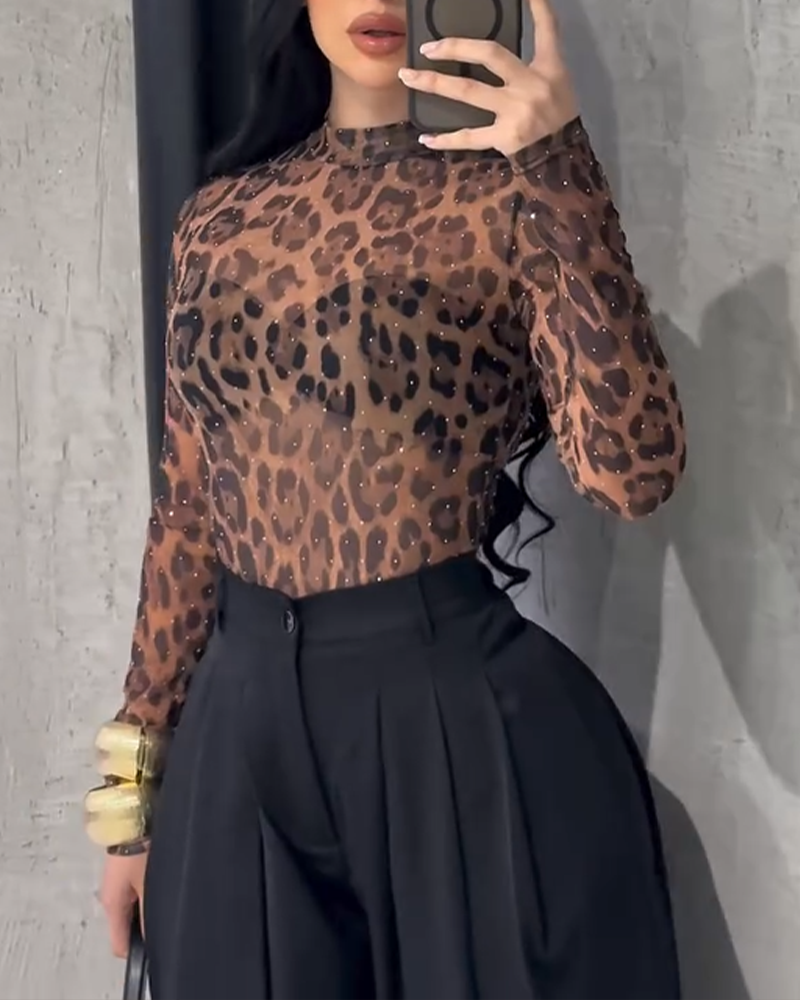 Leopard Print Mesh Top with Diamonds-Curvy-Faja