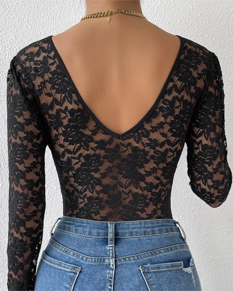 Floral Lace Sheer Long Sleeve Bodysuit V Neck Slim Fit Thong Body Shaper