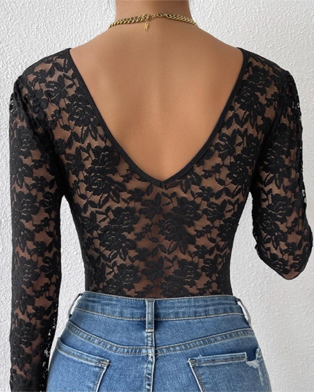 Floral Lace Sheer Long Sleeve Bodysuit V Neck Slim Fit Thong Body Shaper