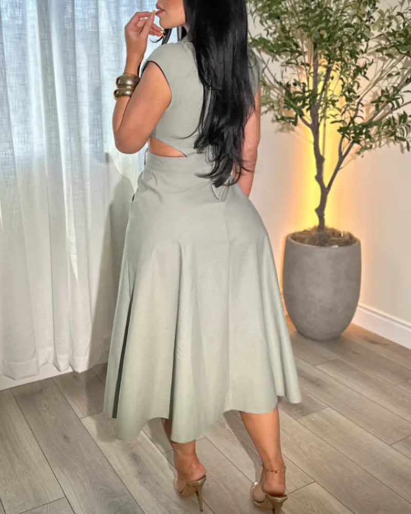 Business Suit Sleeveless Shirt Collar Dress Waist Hollow Design Long Skirt-Curvy-Faja