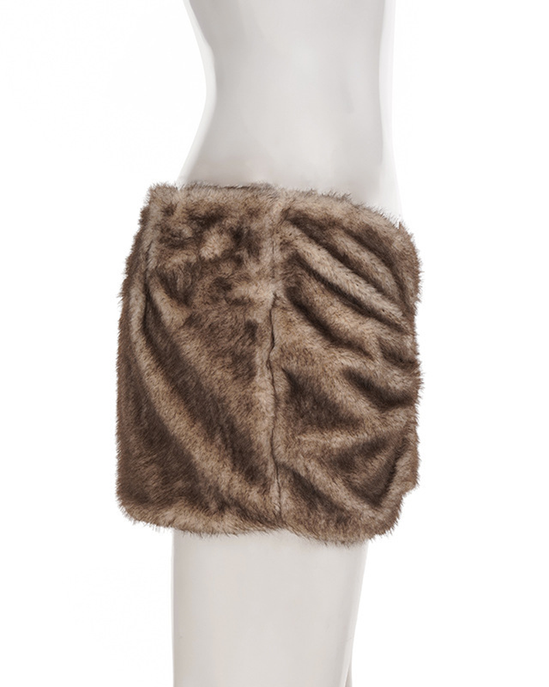 Faux Fur Side Pleats Low-Waisted Sexy Bodycon Skirt