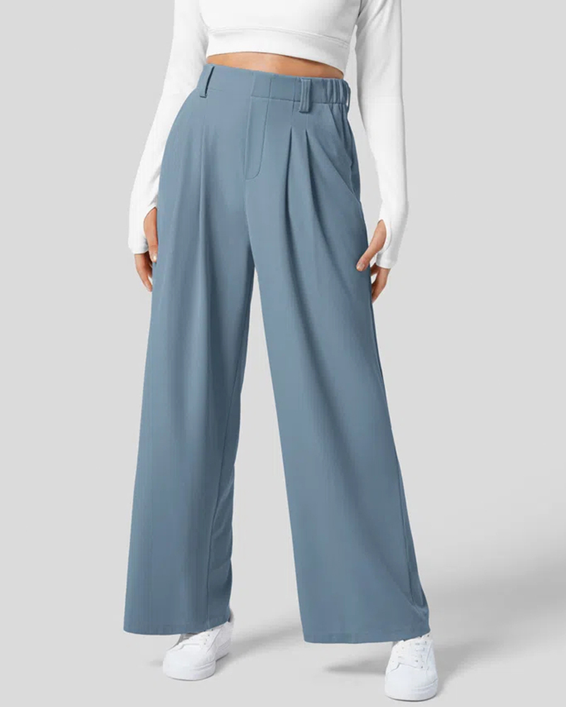 High Waisted Plicated Side Pocket Wide Leg Waffle Work Pants