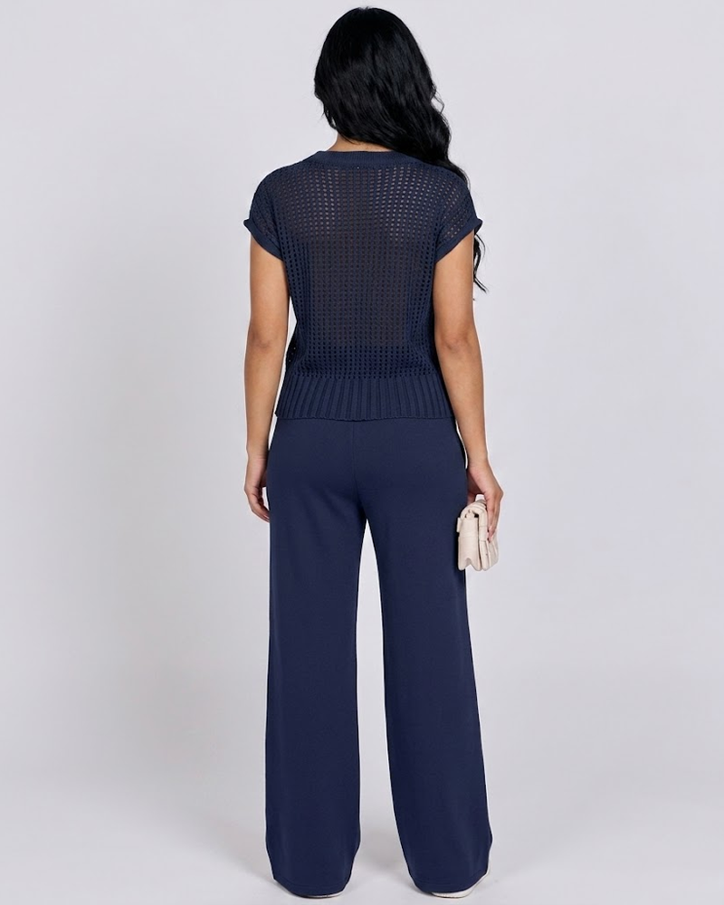Crochet Knit Tulle Round Neck Short Sleeve Sweater Wide‑Leg Pants Set