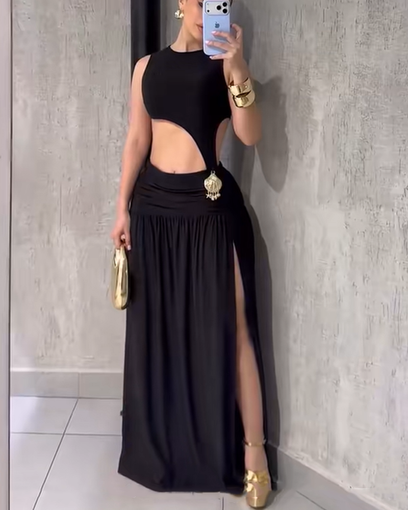 Solid Color Sleeveless Cropped Slit Dress