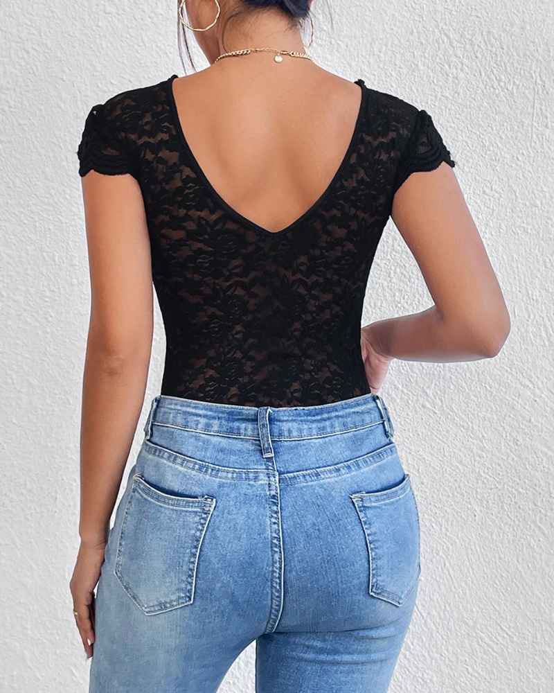 Sexy Deep V Neck Lace Short Sleeve One Piece Bodysuit-Curvy-Faja