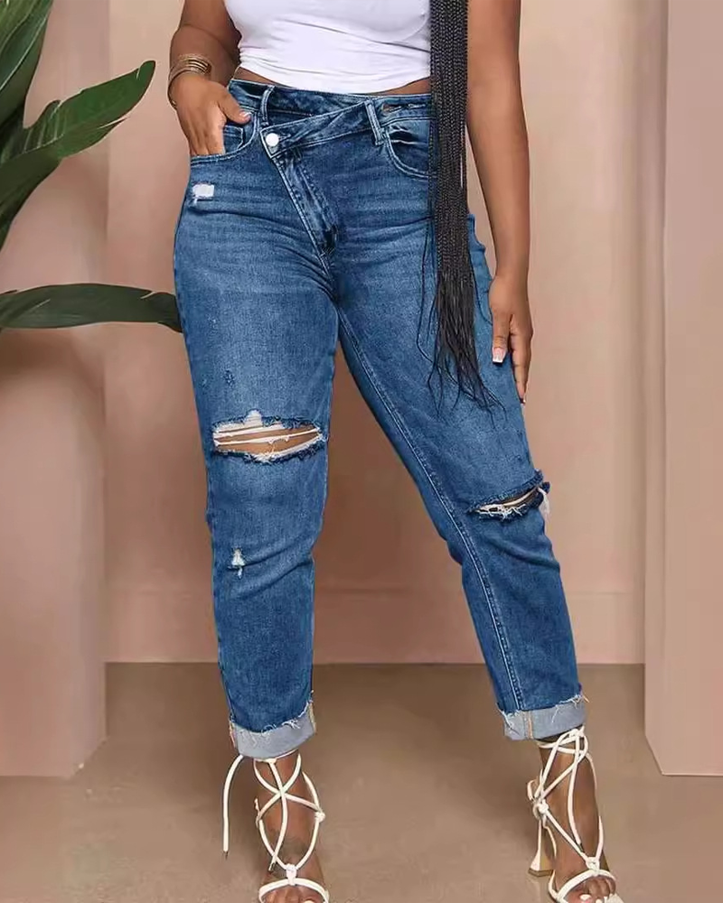 Stretch Ripped High-Waist Jeans-Curvy-Faja