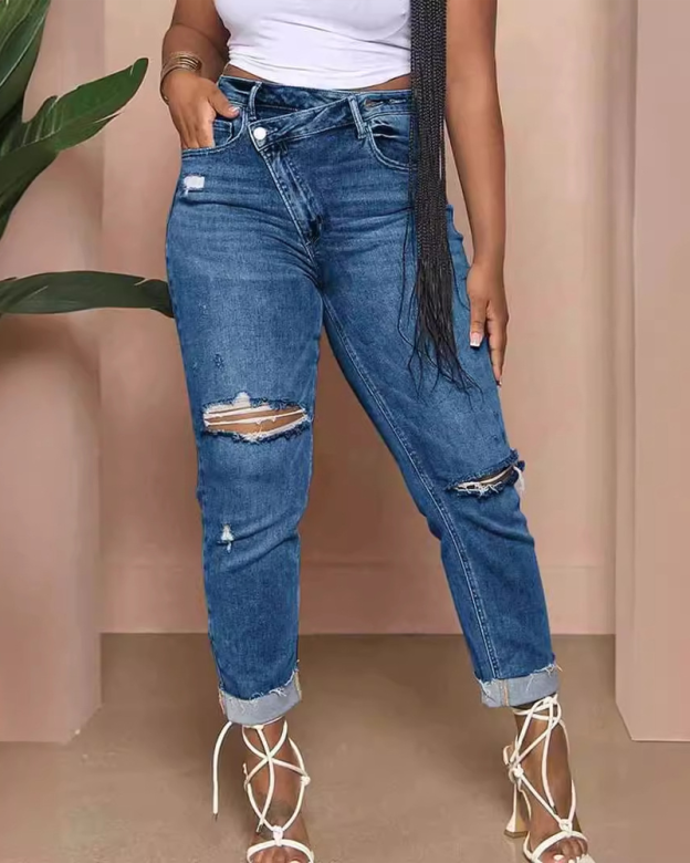 Stretch Ripped High-Waist Jeans-Curvy-Faja