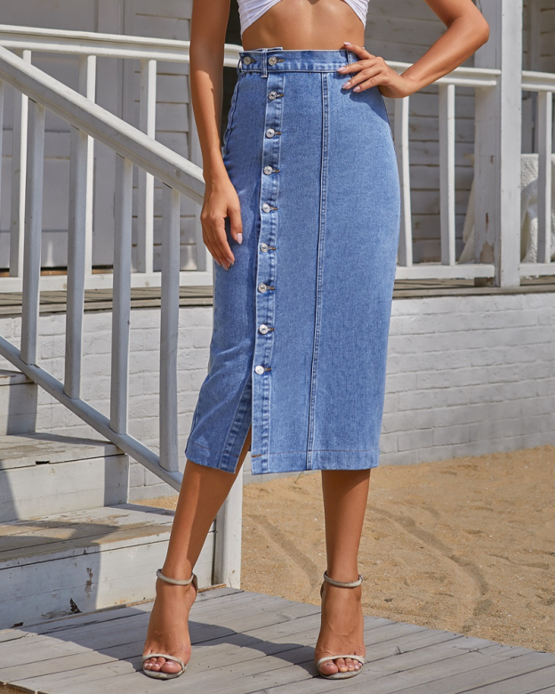 Irregular Slit Denim High-Waisted Midi Skirt-Curvy-Faja