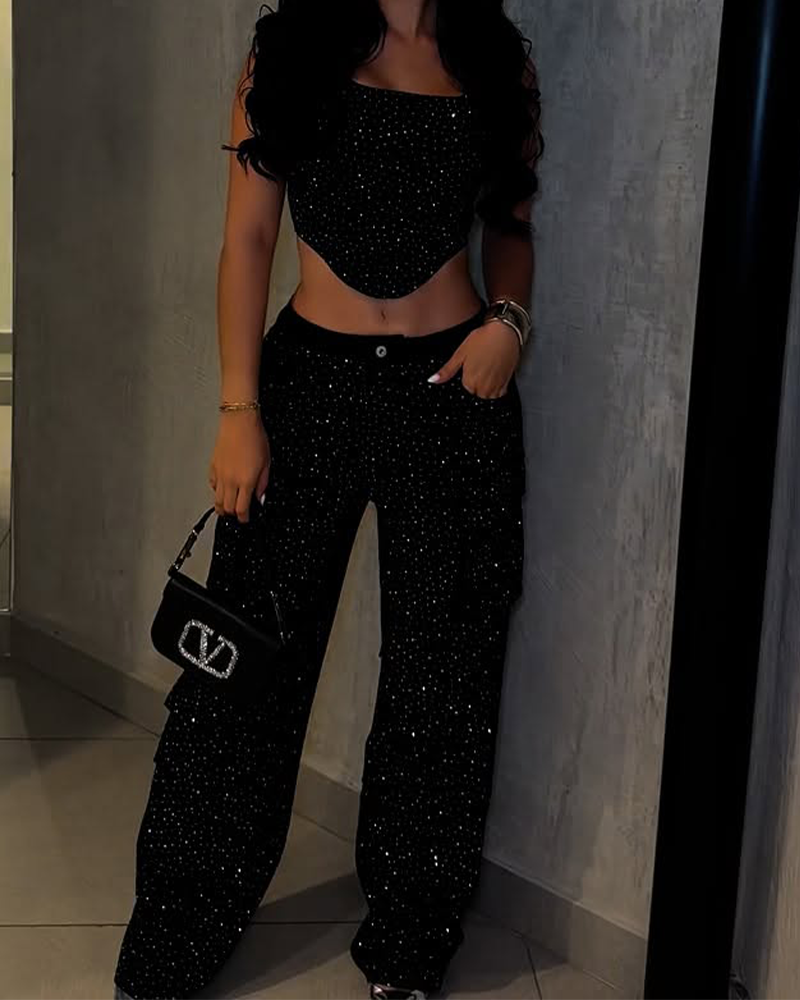 Rhinestone Suspender  Overalls Pants Set（Pre-Sale）