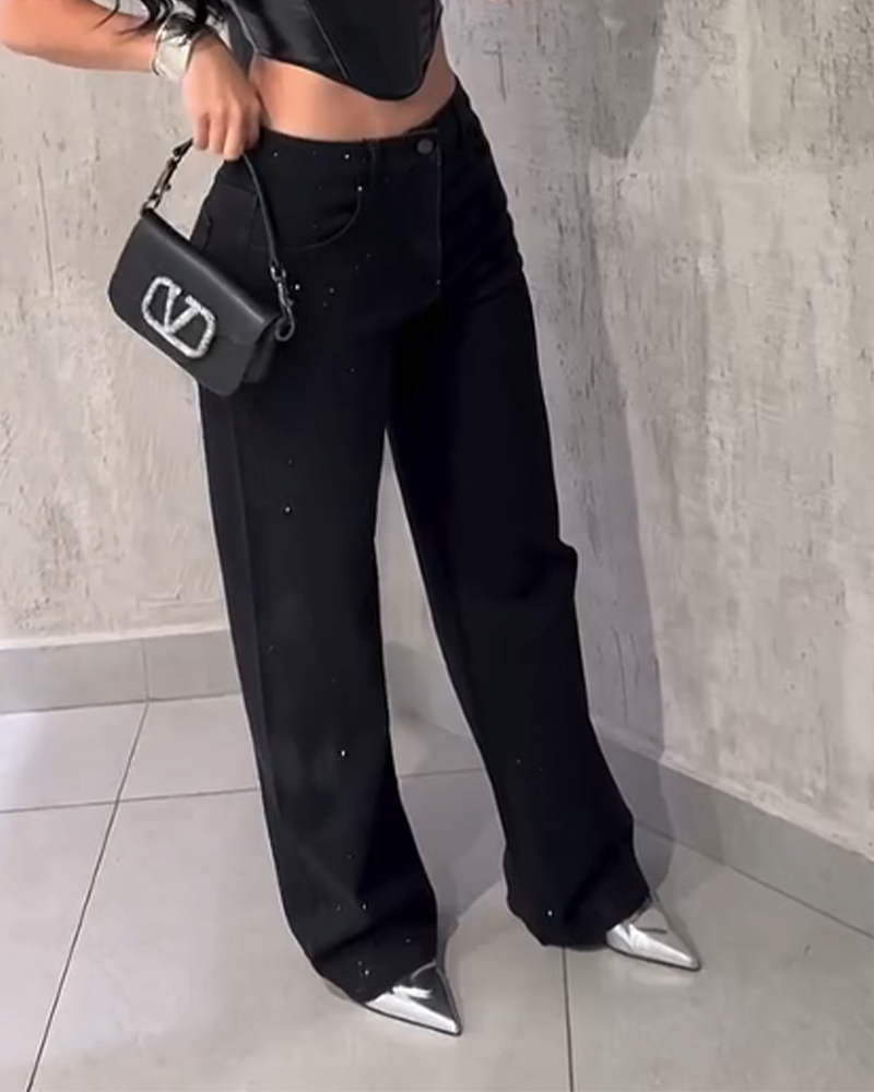 Women's Diamond Rhinestone Jeans High Waist Straight Wide Leg Stretchy Bling Denim Pants (Pre-Sale)-Curvy-Faja