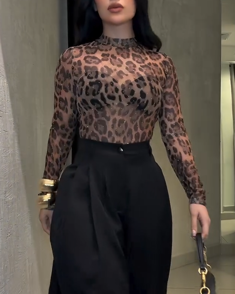 Leopard Print Mesh Top with Diamonds-Curvy-Faja