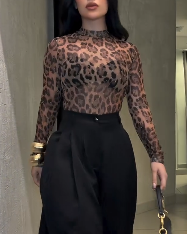 Leopard Print Mesh Top with Diamonds-Curvy-Faja