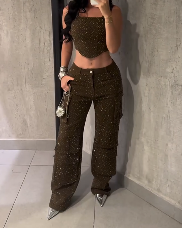 Rhinestone Suspender  Overalls Pants Set（Pre-Sale）
