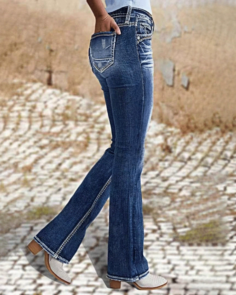 Mid Rise Stretch Washed Slim Fit Flared Jeans