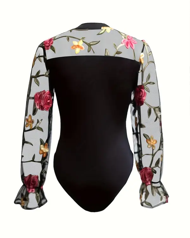 Women's Floral Embroidery Sheer Contrast Mesh Flounce Sleeve Bodysuit