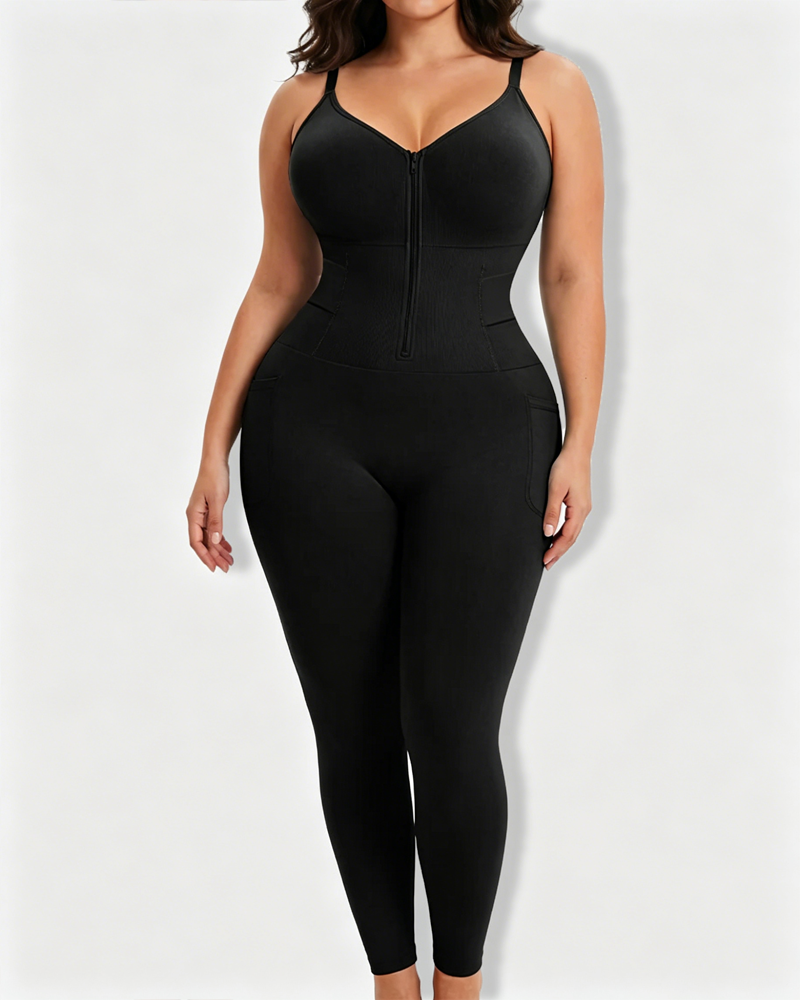 Front Zip Back Opening Butt Lift Pocket Legging Bodysuit Shapewear（Pre-Sale）