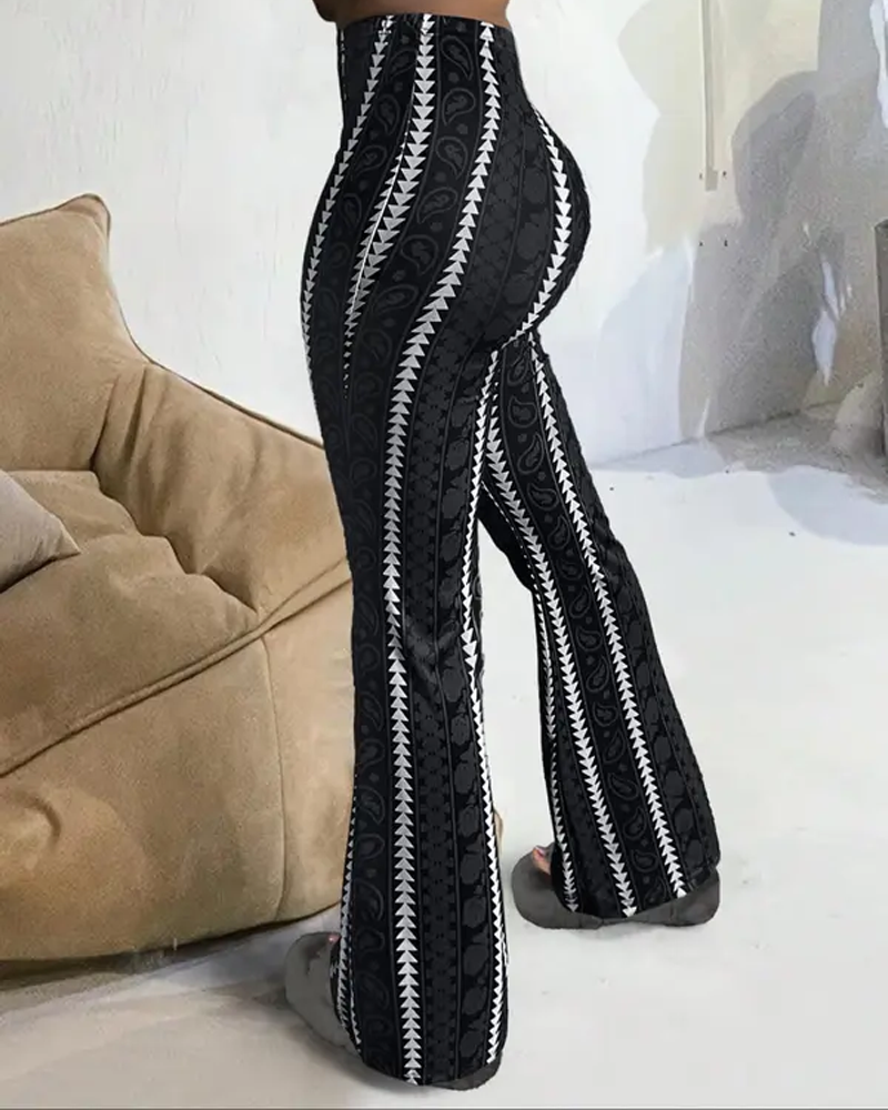 Elastic Striped Geometric Print Flared Pants