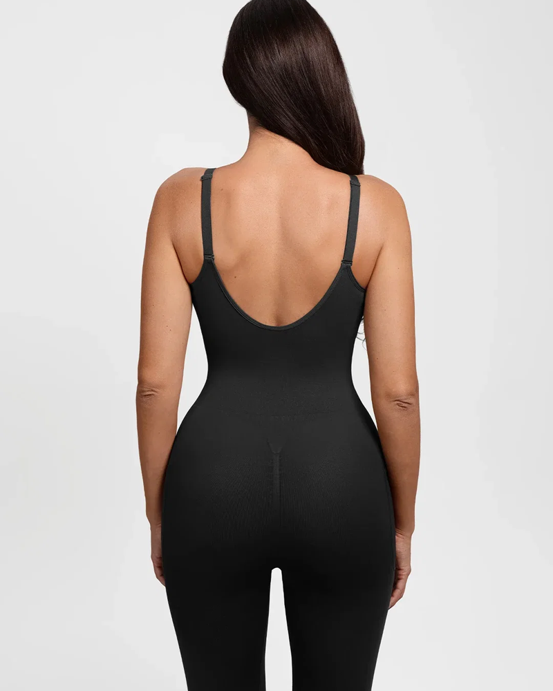 Front‑Zipper Deep‑V Adjustable Straps Shapewear Jumpsuit（Pre‑Sale）