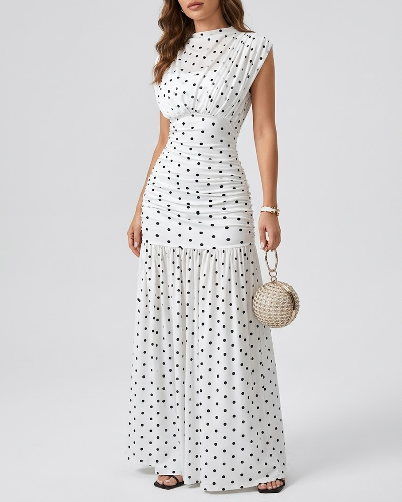 Elegant Polka Dot Print Sleeveless Maxi Dress Ruched Bust & Waist Slimming Long Dress