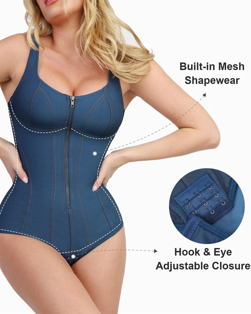 Denim-Style Zipper Tummy Control Shapewear Bodysuit（Pre-Sale）