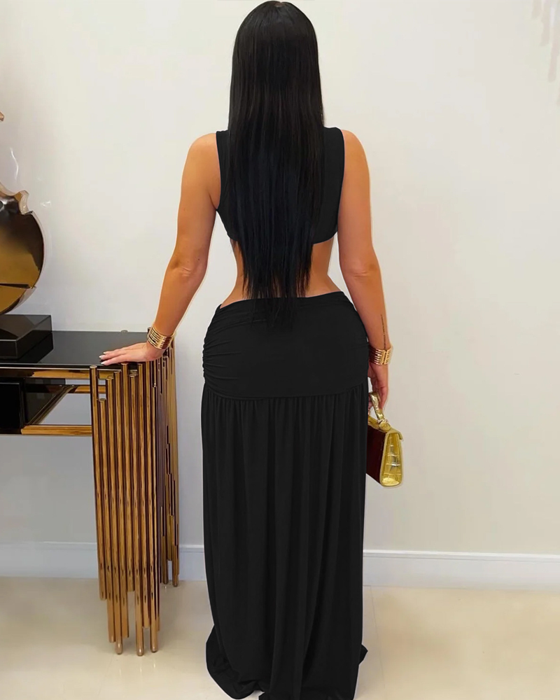 Solid Color Sleeveless Cropped Slit Dress