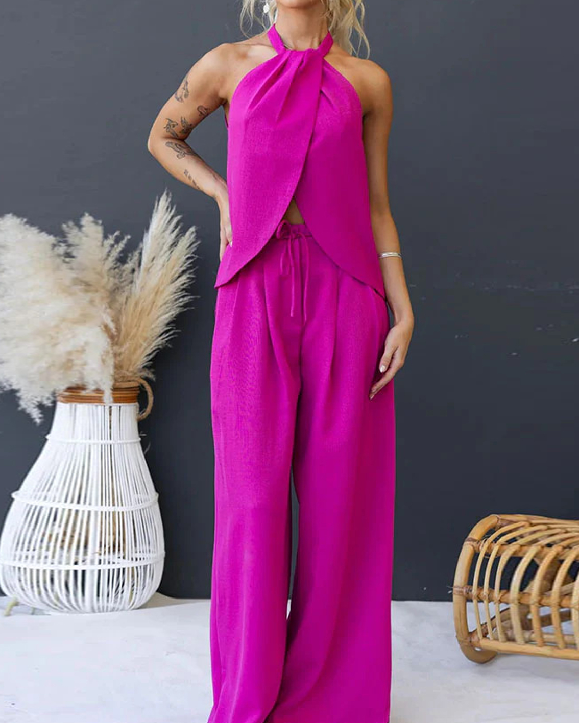 CURVY-FAJA Reloj de arenaElegant Halter Vest Top and Wide-Leg Pants Set