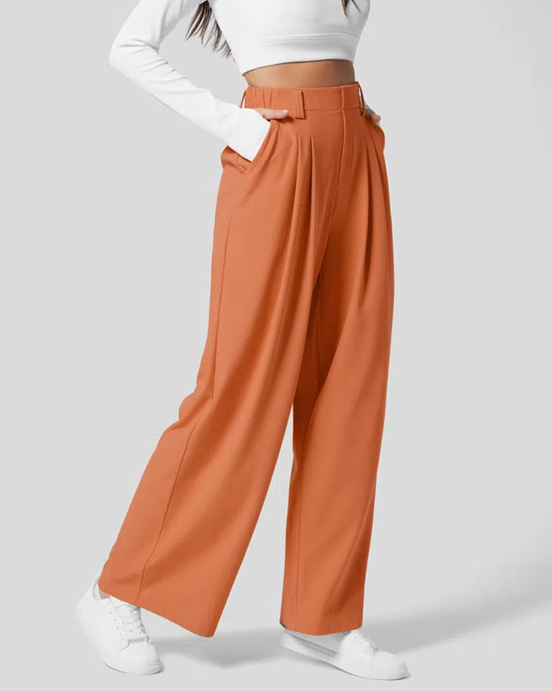 High Waisted Plicated Side Pocket Wide Leg Waffle Work Pants