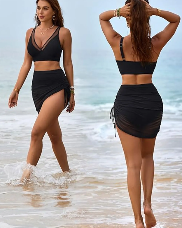 High Waisted Bikini Mesh Sarong Wraps Bathing Swimsuits