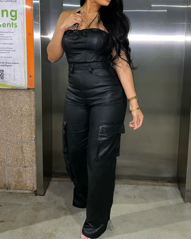 Sexy Strapless Tube Top Tight Waist Pu Leather Jumpsuit-Curvy-Faja