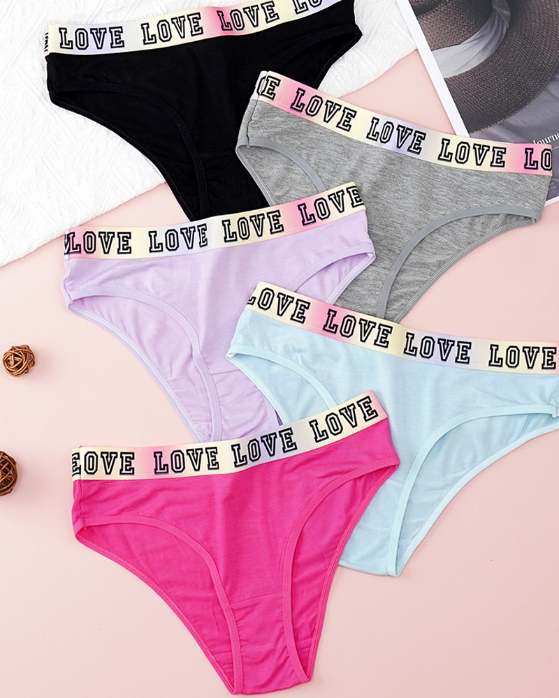 5 Colors Pure Cotton Crotch Letter Stretch Briefs-Curvy-Faja