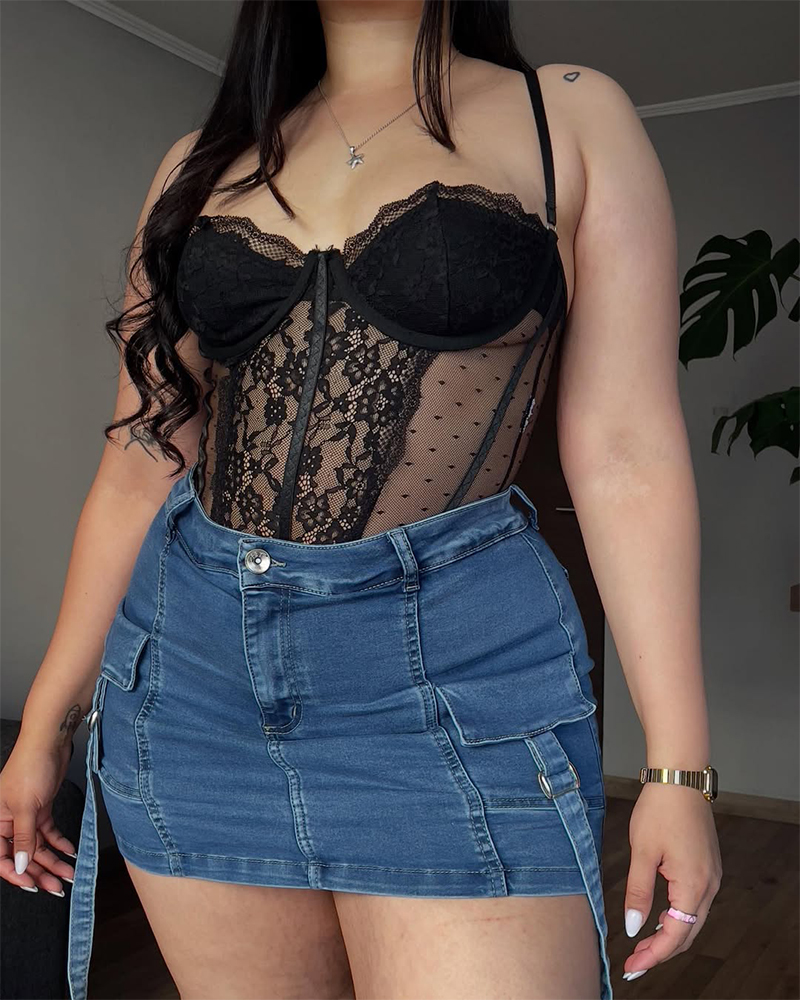 Lined Denim Cargo Shorts Skirt-Curvy-Faja