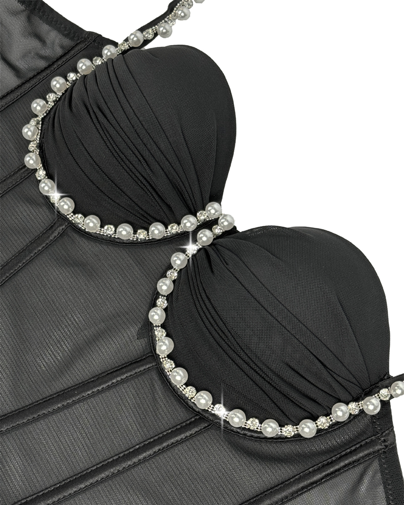 Beaded Pleated Mesh Boning Corset