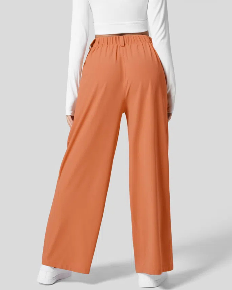 High Waisted Plicated Side Pocket Wide Leg Waffle Work Pants