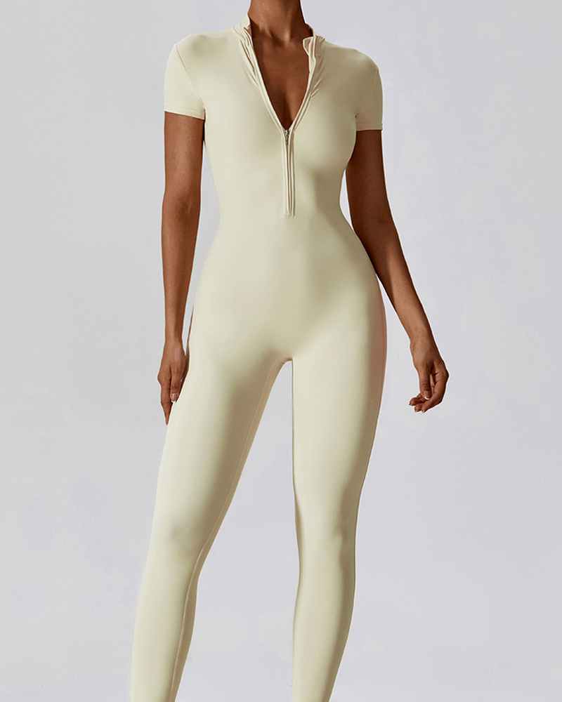 Zippered Short-Sleeved Slim-Fit Jumpsuit