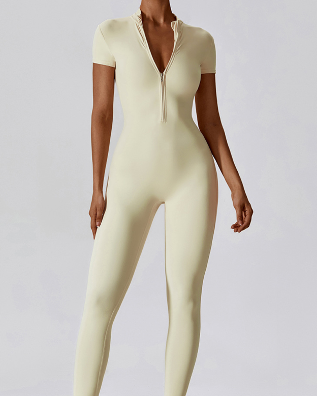 Zippered Short-Sleeved Slim-Fit Jumpsuit