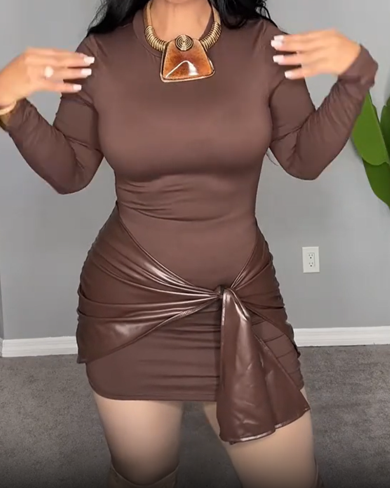 Women's Front-Tie PU Trim Long-Sleeved Mini Dress