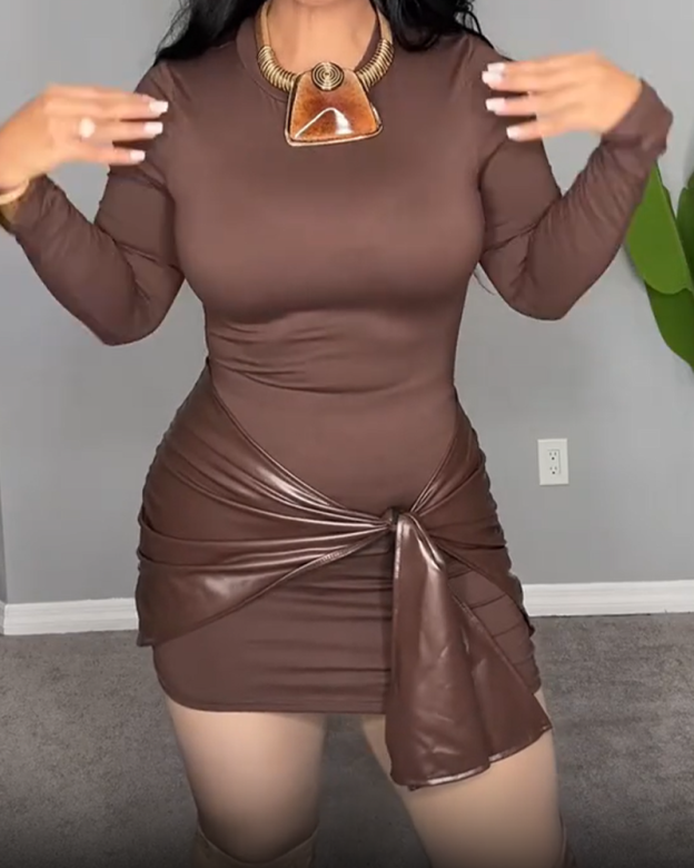 Women's Front-Tie PU Trim Long-Sleeved Mini Dress