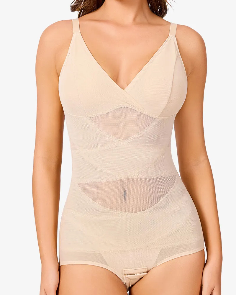 See-Through Mesh Waist-Lifting Bust-Supporting Bodysuit-Curvy-Faja