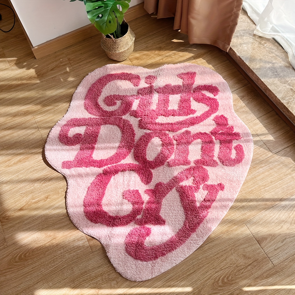 Non-Slip Polyester Shaggy Area Rug - Tufted, Machine Washable with Rubber Backing - Faux Wool "Girls Don't Cry" Decorative Mat for Bedroom, Living Room - Irregular Shape, Soft Home Accent Under 2.16m²