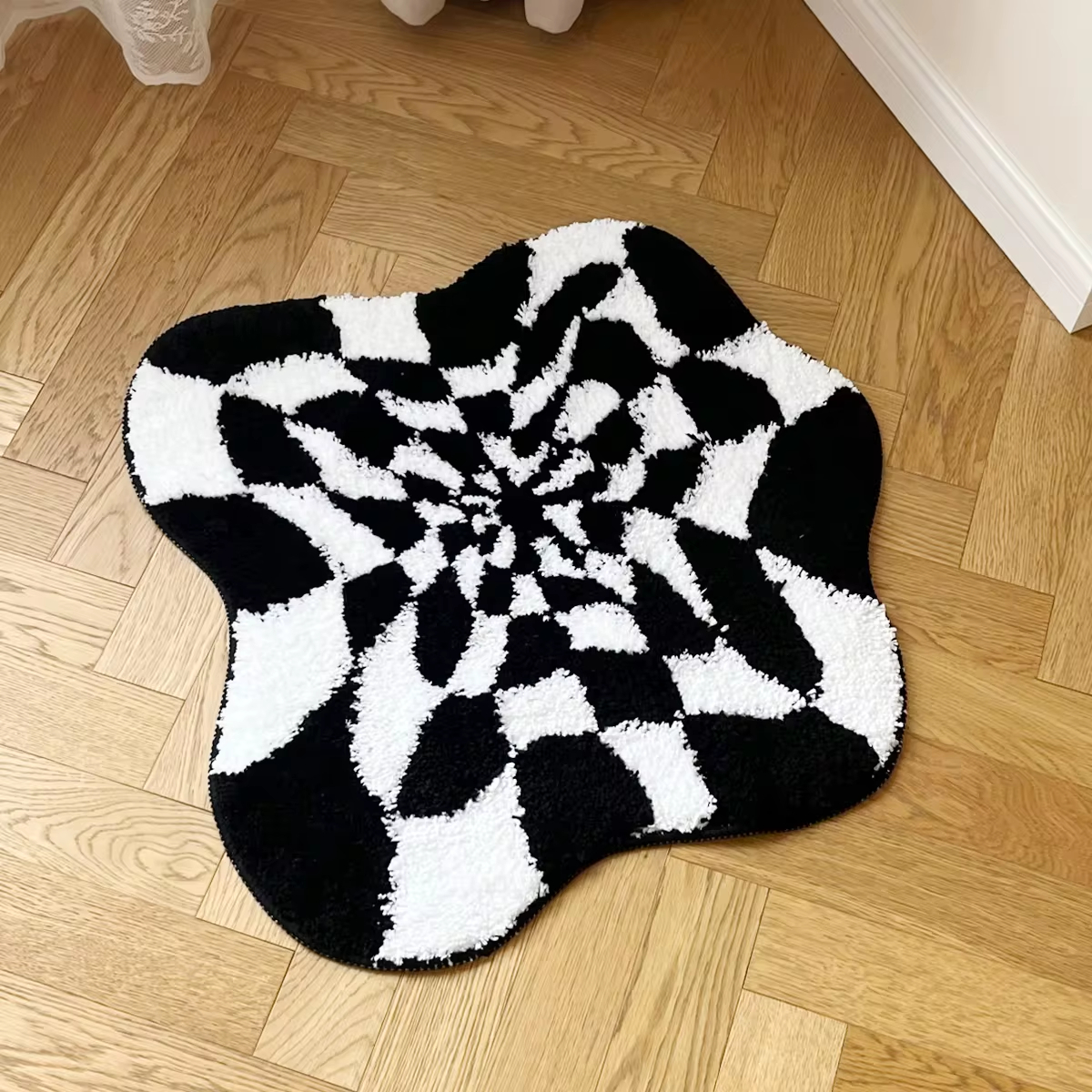 Abstract 3D Illusion Checkered Cloud Shape Tufted Rug - Handmade Modern Black and White Design - Fluid Art Porch Carpet