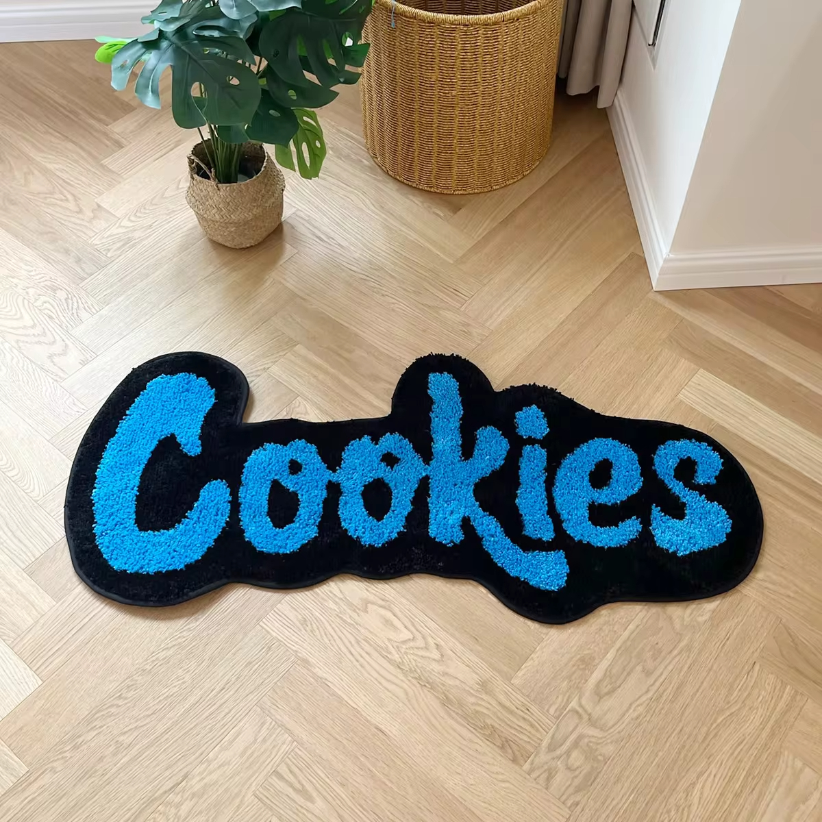 Fun "Cookies" 3D Tufted Shaped Rug - Blue & Black Soft Fluffy Floor Mat for Kitchen Bedroom Snack Bar, Cute Word Pattern Non-Slip Cozy Area Rug with Playful Letter Design Home Decor