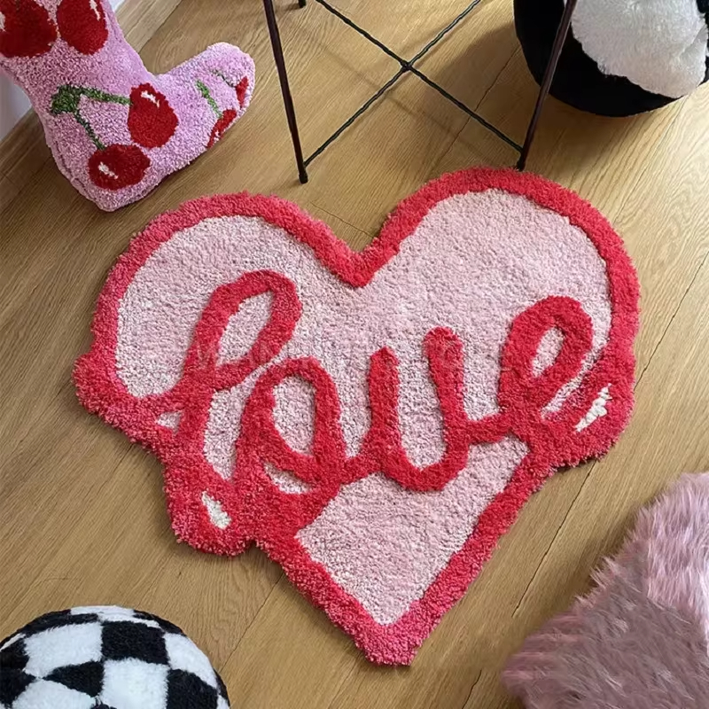 Pink Love Plushy Tufting Decorative Rug Flocking Alfombra Fluffy Soft Love Mat for Girl Bedroom Living Room Carpet Warm Decor