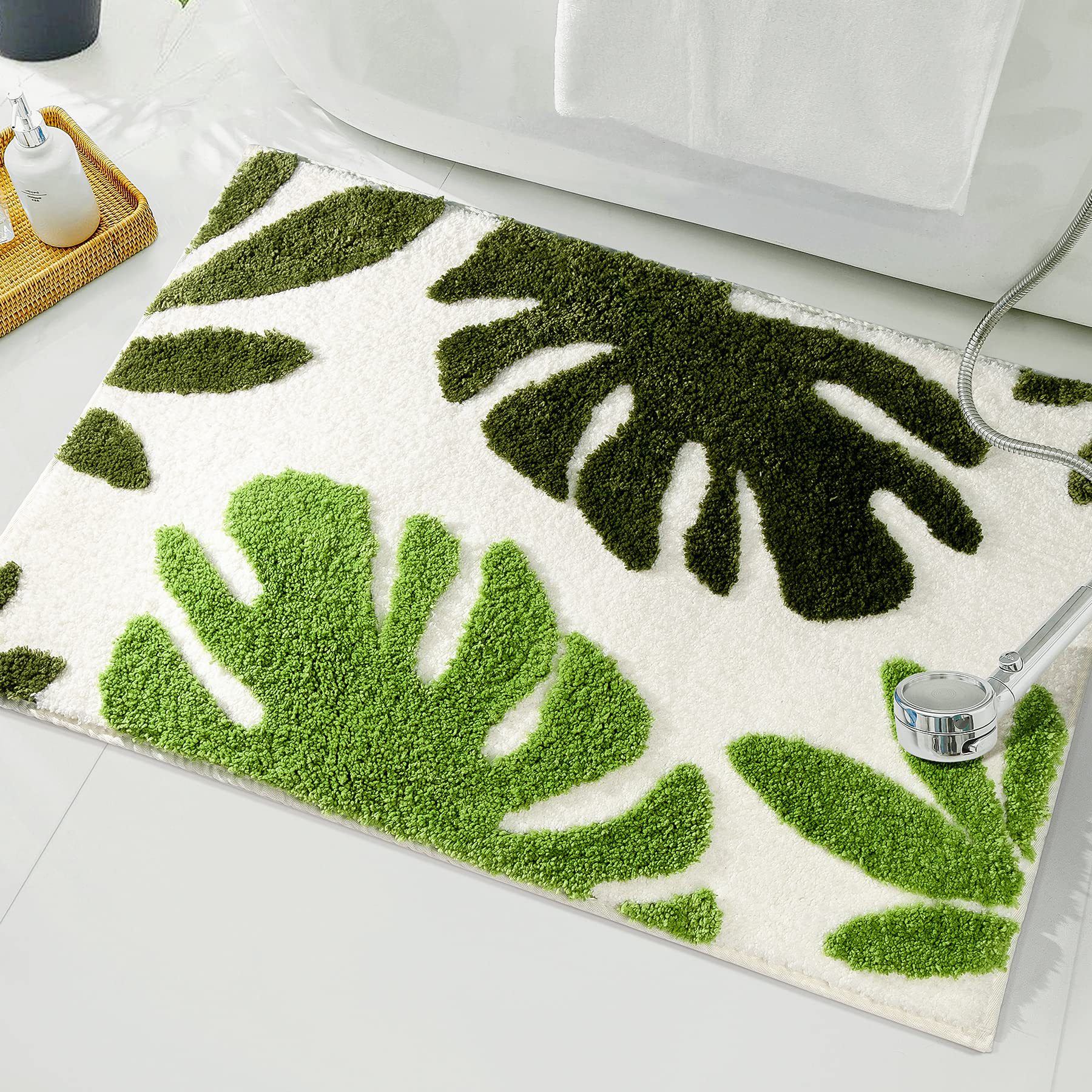 Fresh Green Tropical Leaf 3D Tufted Rug - White Base Soft Fluffy Floor Mat for Living Room Bedroom Home Decor, Monstera Plant Pattern Non-Slip Cozy Area Rug with Vibrant Botanical Design