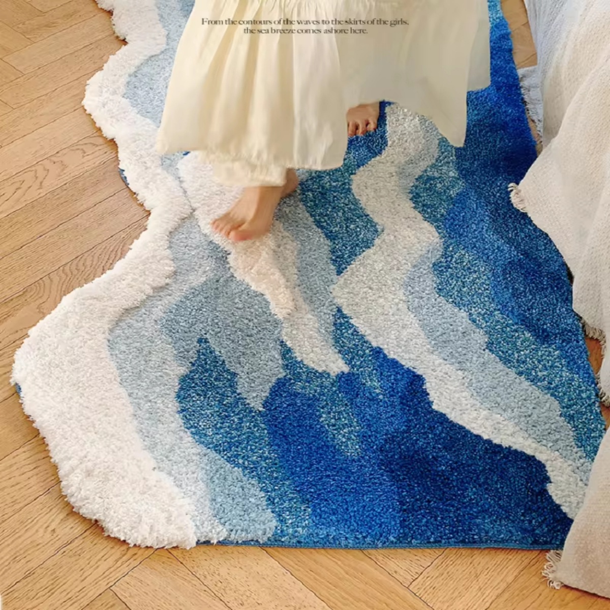 Blue Sea Wave Flocking Rug Bedroom Rug Corridor Area Floor Pad Mat Doormat Aesthetic Home Decor
