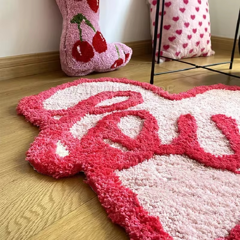 Pink Love Plushy Tufting Decorative Rug Flocking Alfombra Fluffy Soft Love Mat for Girl Bedroom Living Room Carpet Warm Decor