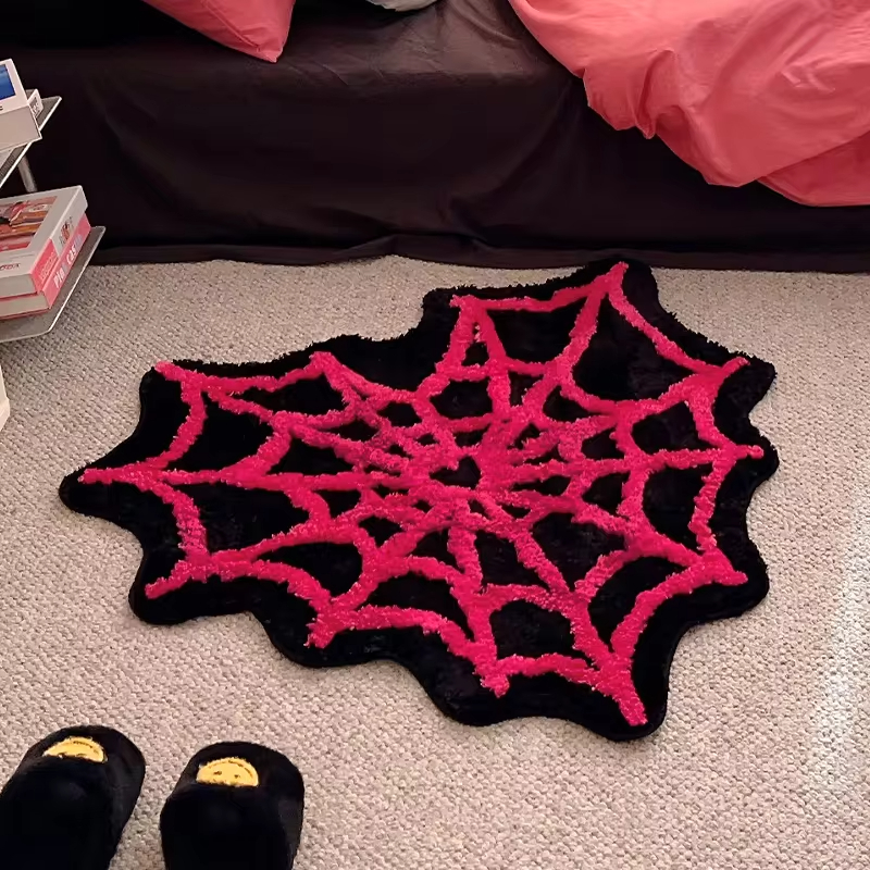 Spider Web Tufted Rug Living Room Carpet Black Pink Soft Fluffy Mat Bedroom Rug Floor Anti Slip Pad Aesthetic Home Nursery Decor