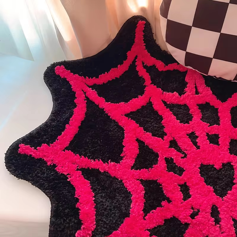 Spider Web Tufted Rug Living Room Carpet Black Pink Soft Fluffy Mat Bedroom Rug Floor Anti Slip Pad Aesthetic Home Nursery Decor