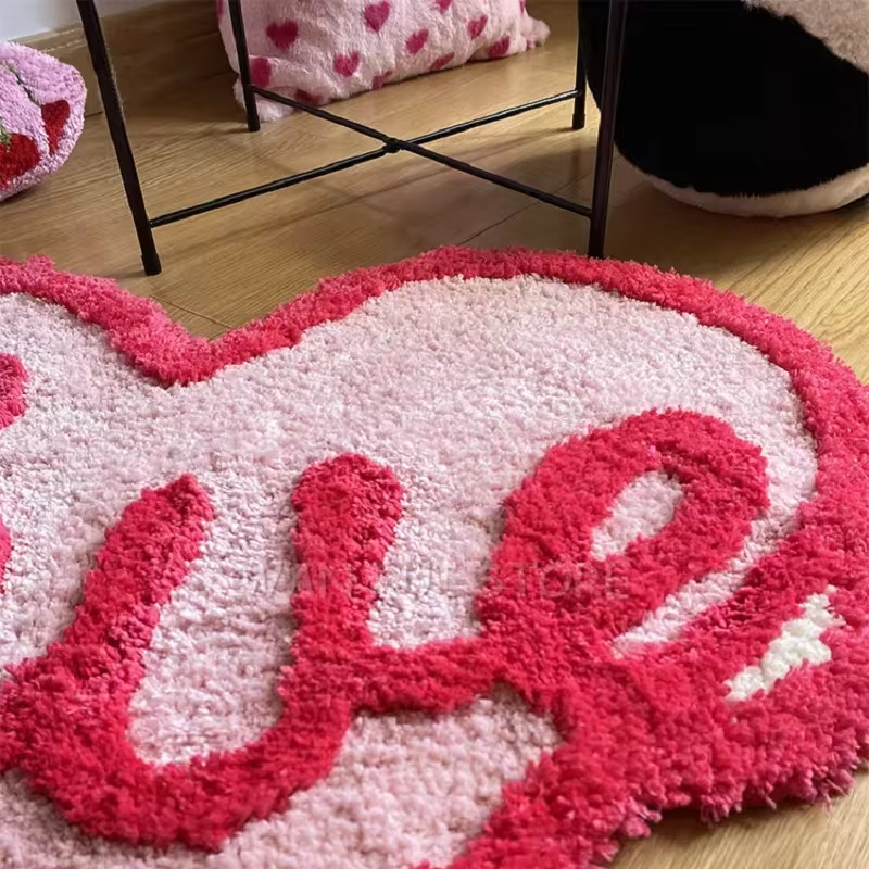 Pink Love Plushy Tufting Decorative Rug Flocking Alfombra Fluffy Soft Love Mat for Girl Bedroom Living Room Carpet Warm Decor