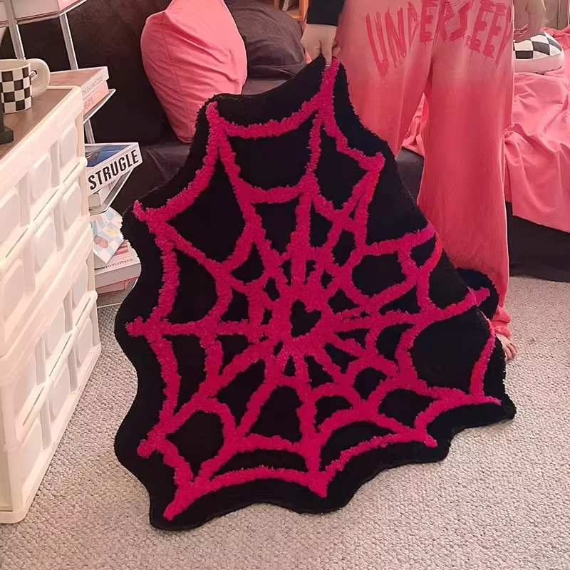 Spider Web Tufted Rug Living Room Carpet Black Pink Soft Fluffy Mat Bedroom Rug Floor Anti Slip Pad Aesthetic Home Nursery Decor